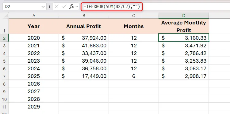 Hàm SUM được lồng ghép trong hàm IFERROR của Excel, minh họa cách sử dụng ngoặc đơn để lồng hàm.