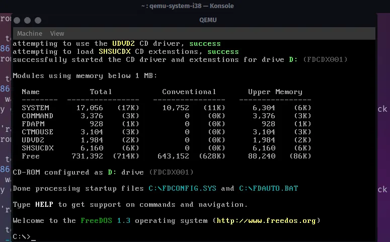 Hệ điều hành FreeDOS đã cài đặt và đang hoạt động ổn định bên trong máy ảo QEMU trên nền tảng Linux.