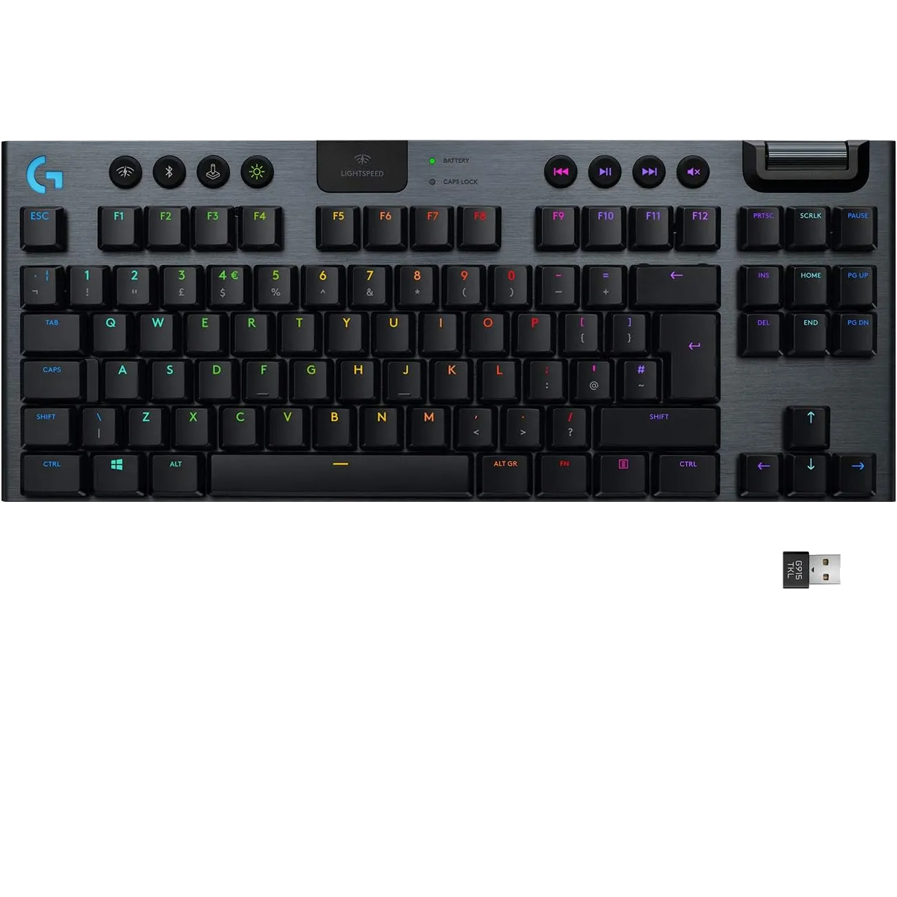 Hình ảnh bàn phím Logitech G915 TKL nhìn từ góc, làm nổi bật thiết kế mỏng, các phím chức năng và khả năng chiếu sáng RGB.