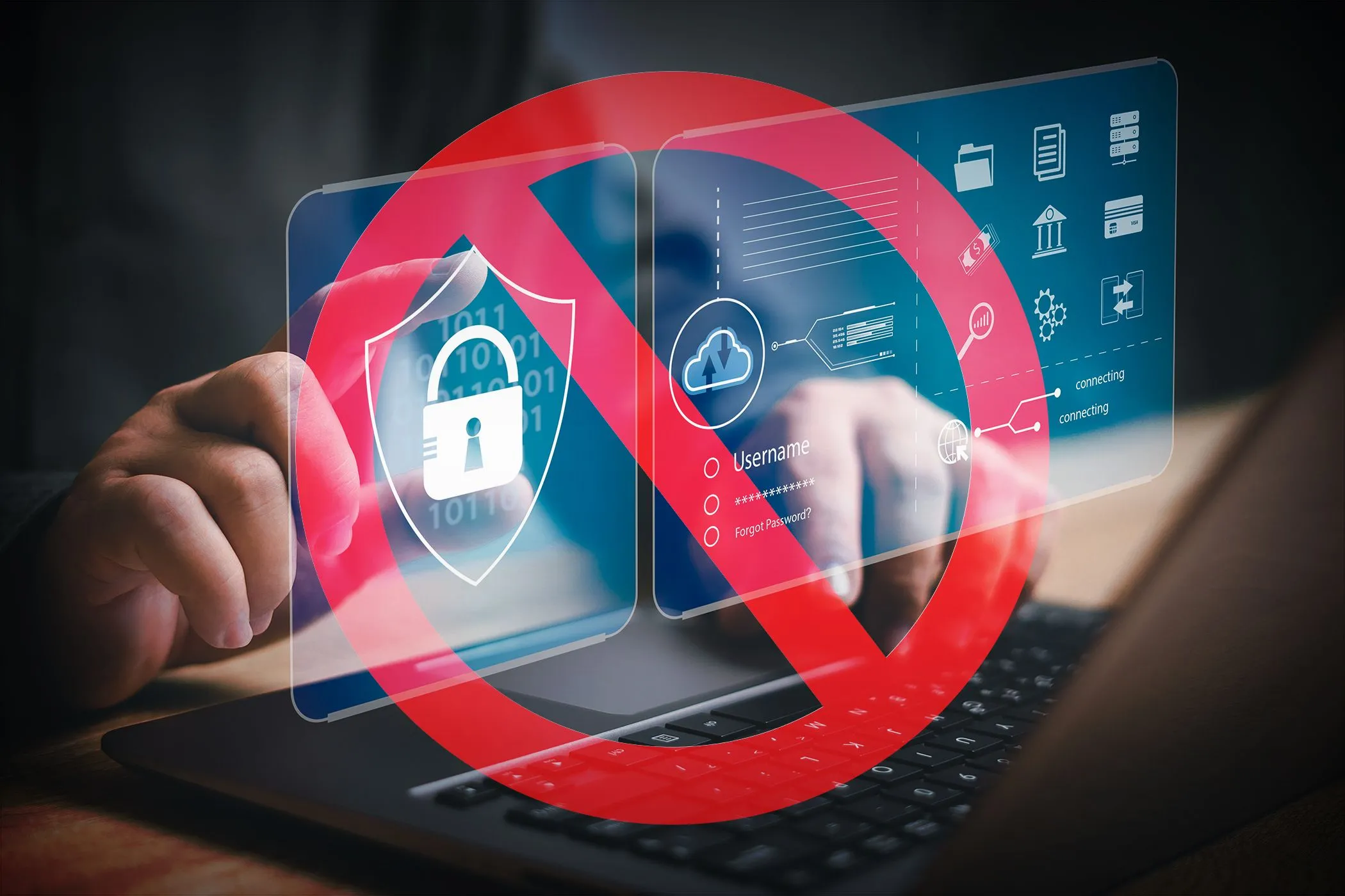 Hình ảnh bàn tay gõ laptop với biểu tượng cấm màu đỏ che các icon bảo mật, nhấn mạnh việc bảo vệ trình quản lý mật khẩu bằng xác thực hai yếu tố.