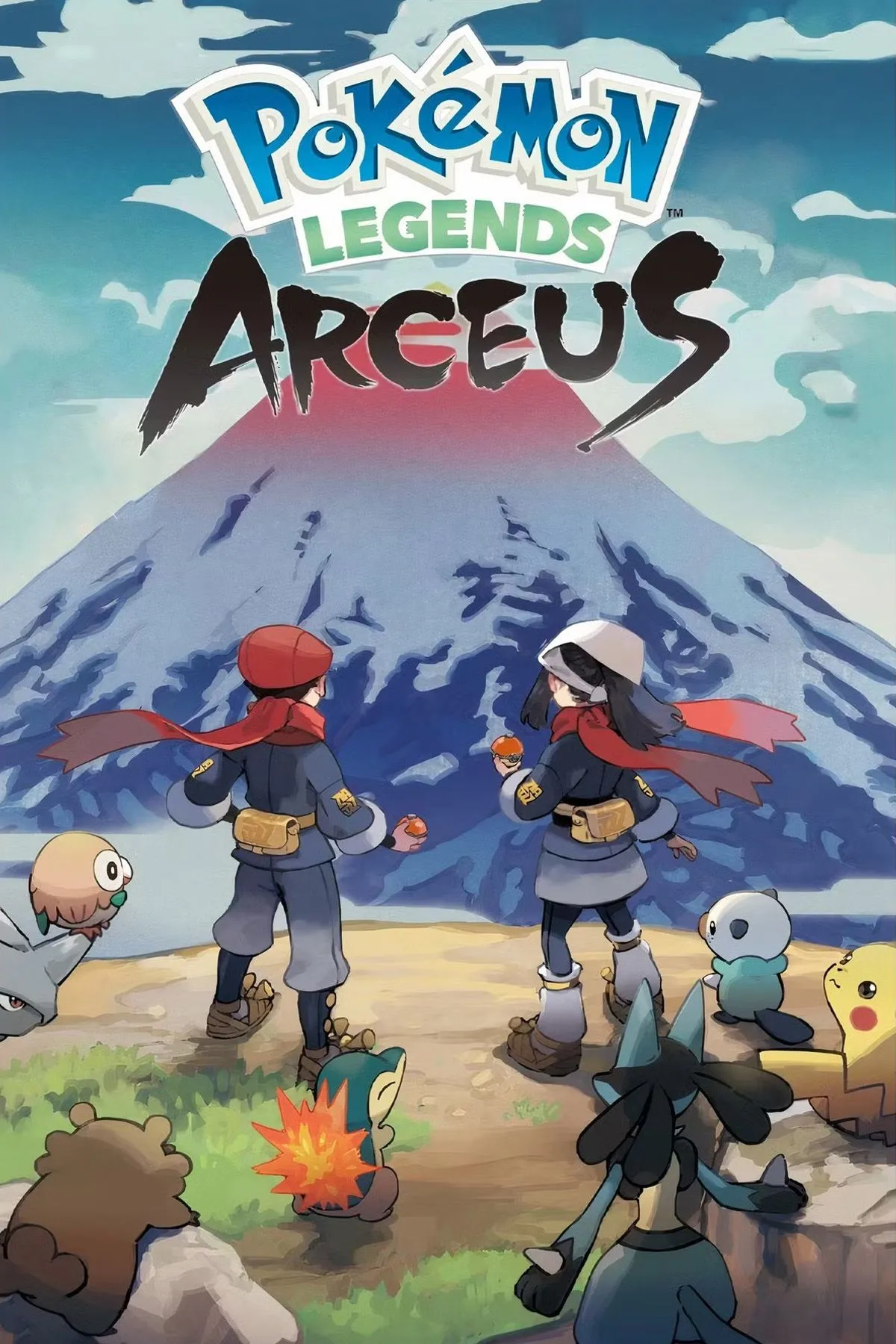 Hình ảnh bìa Pokémon Legends: Arceus, thể hiện sự khám phá thế giới mở rộng lớn và tương tác với Pokémon trong môi trường tự nhiên.