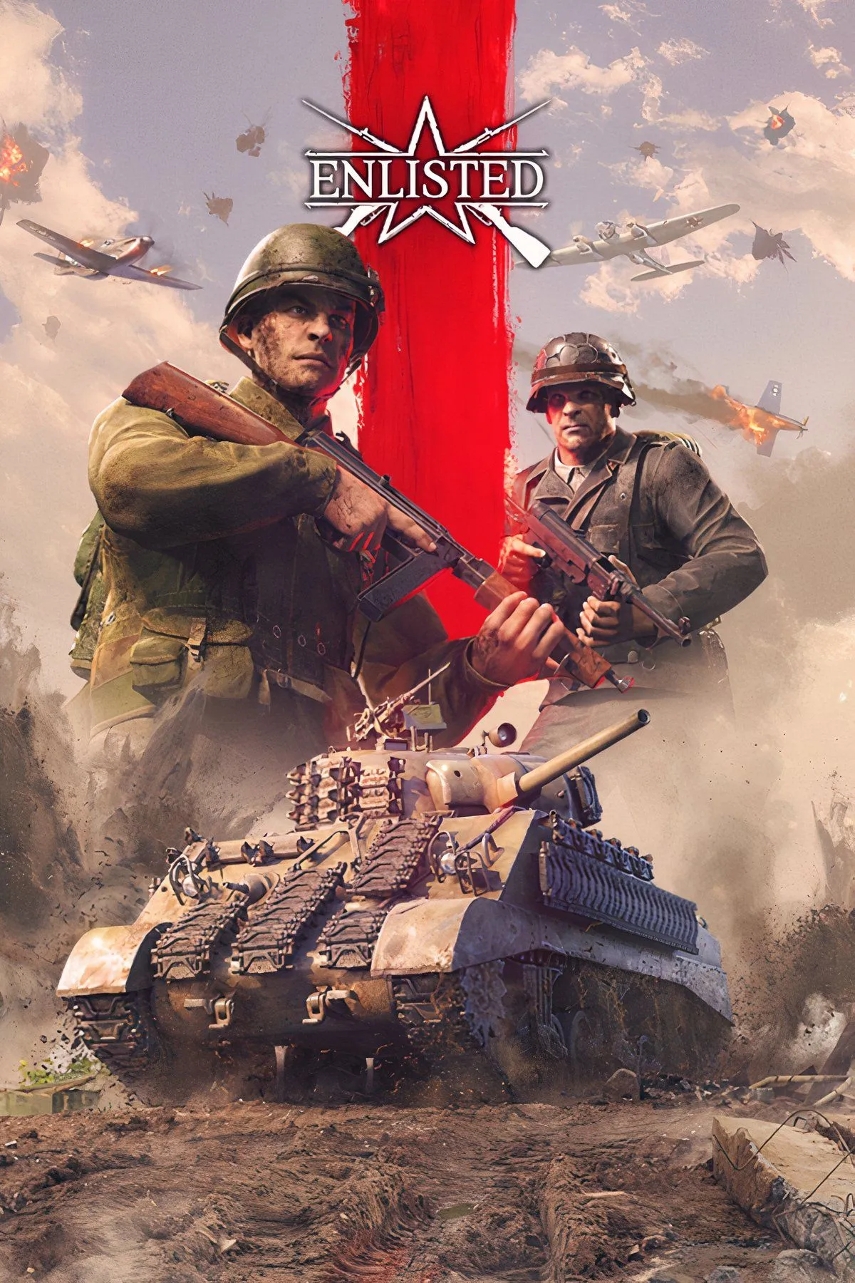 Hình ảnh binh sĩ và phương tiện đa dạng trong Enlisted, thể hiện tính chiến thuật đội hình và tùy biến nhân vật.
