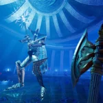 Hình ảnh chính thức của Amid Evil với nhân vật đang đối đầu hiệp sĩ undead khổng lồ.