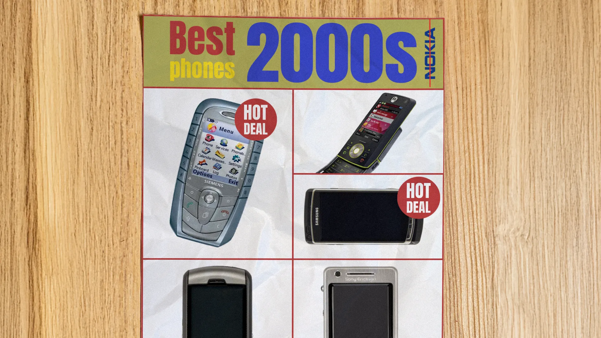 Hình ảnh flyer phong cách retro về điện thoại Nokia và các dòng điện thoại cổ điển thập niên 2000s gợi nhớ nhiễu sóng GSM