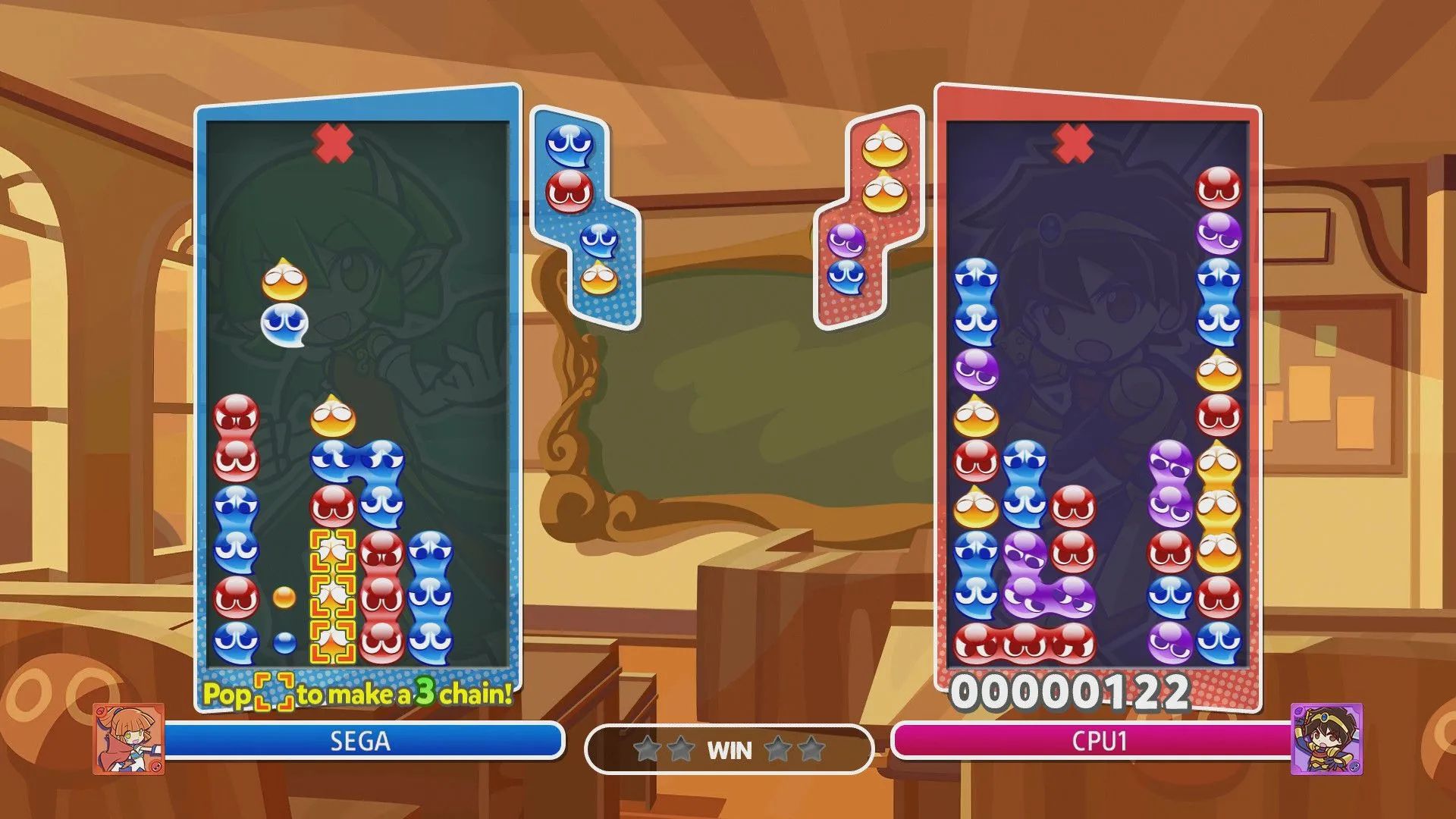 Hình ảnh gameplay của Puyo Puyo Champions, tựa game giải đố khối rơi kinh điển của Sega.