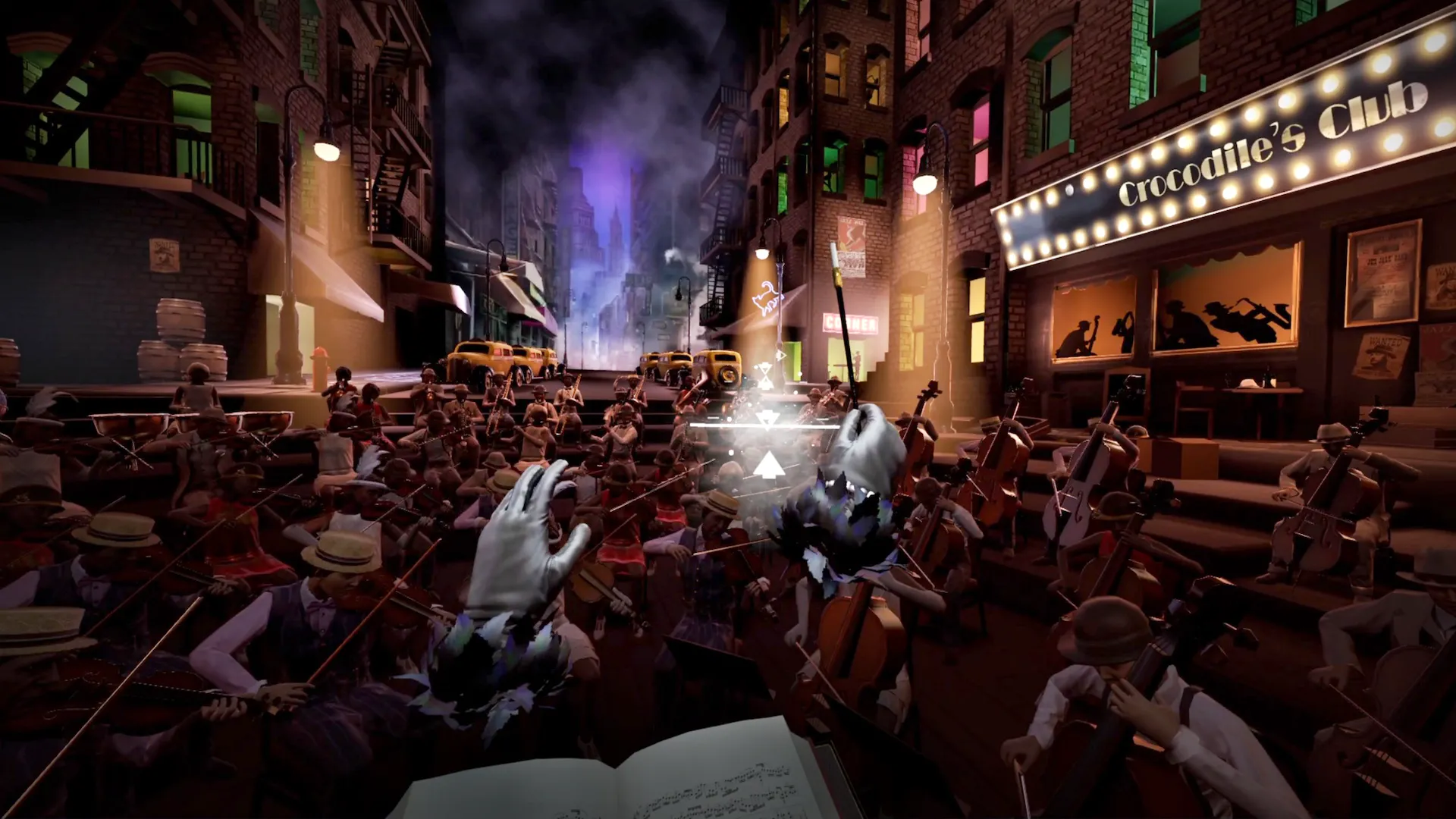 Hình ảnh gameplay game VR Maestro với dàn nhạc jazz trên đường phố New York, minh họa tiềm năng giải trí của VR.