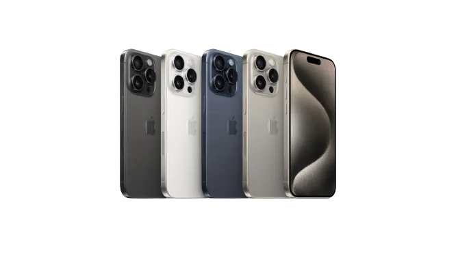 Hình ảnh mặt trước của chiếc iPhone 15 Pro màu xanh titan.