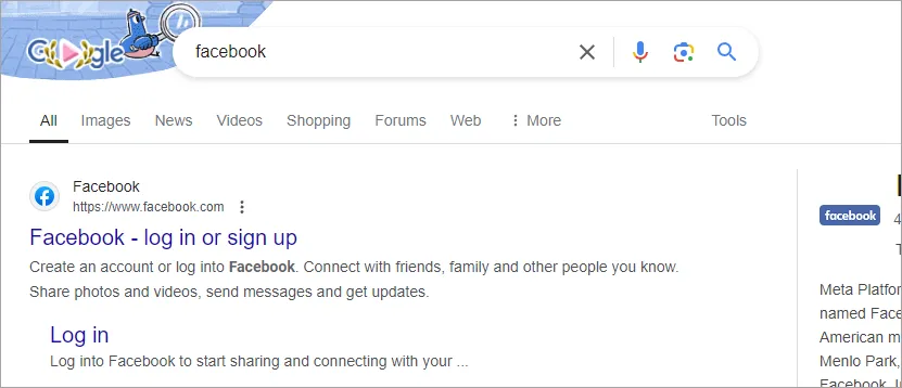 Hình ảnh minh họa người dùng tìm kiếm 'Facebook' trên Google thay vì truy cập trực tiếp bằng thanh địa chỉ trình duyệt.