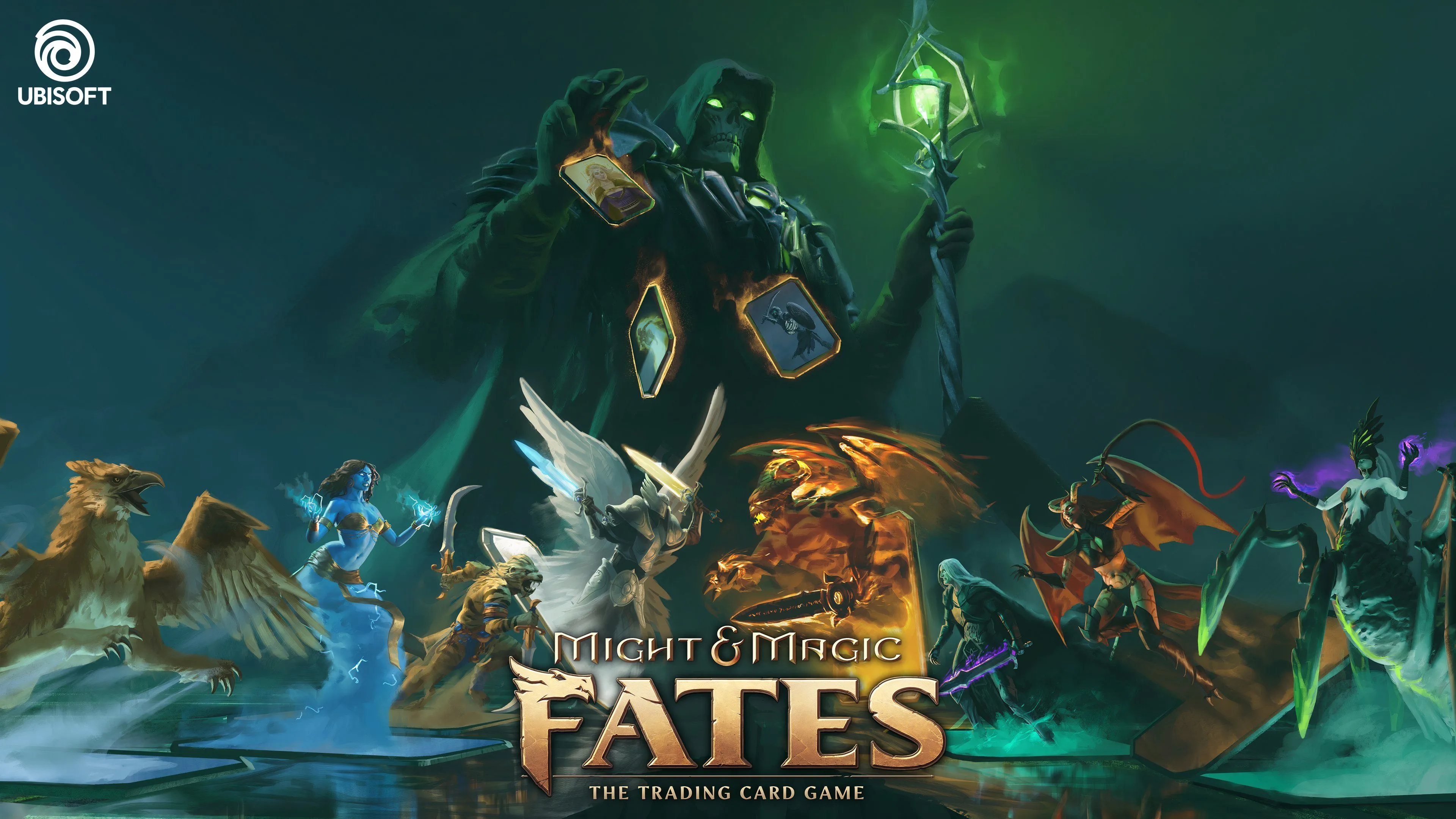 Hình ảnh quảng bá chính thức game Might & Magic Fates, thể hiện phong cách thẻ bài và yếu tố giả tưởng.