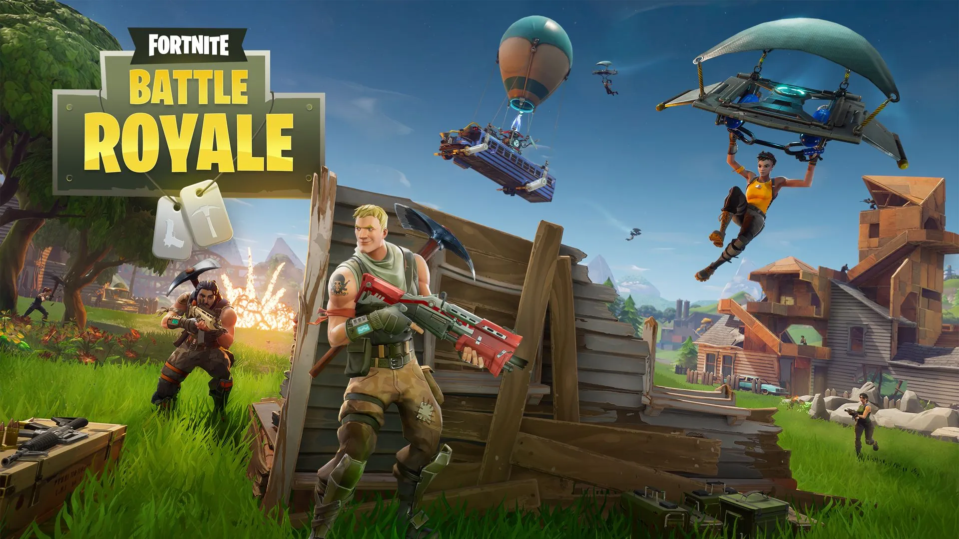Hình ảnh quảng bá cho tựa game Fortnite Battle Royale, phiên bản mùa đầu tiên, thể hiện không khí căng thẳng và sôi động của trận chiến sinh tồn.