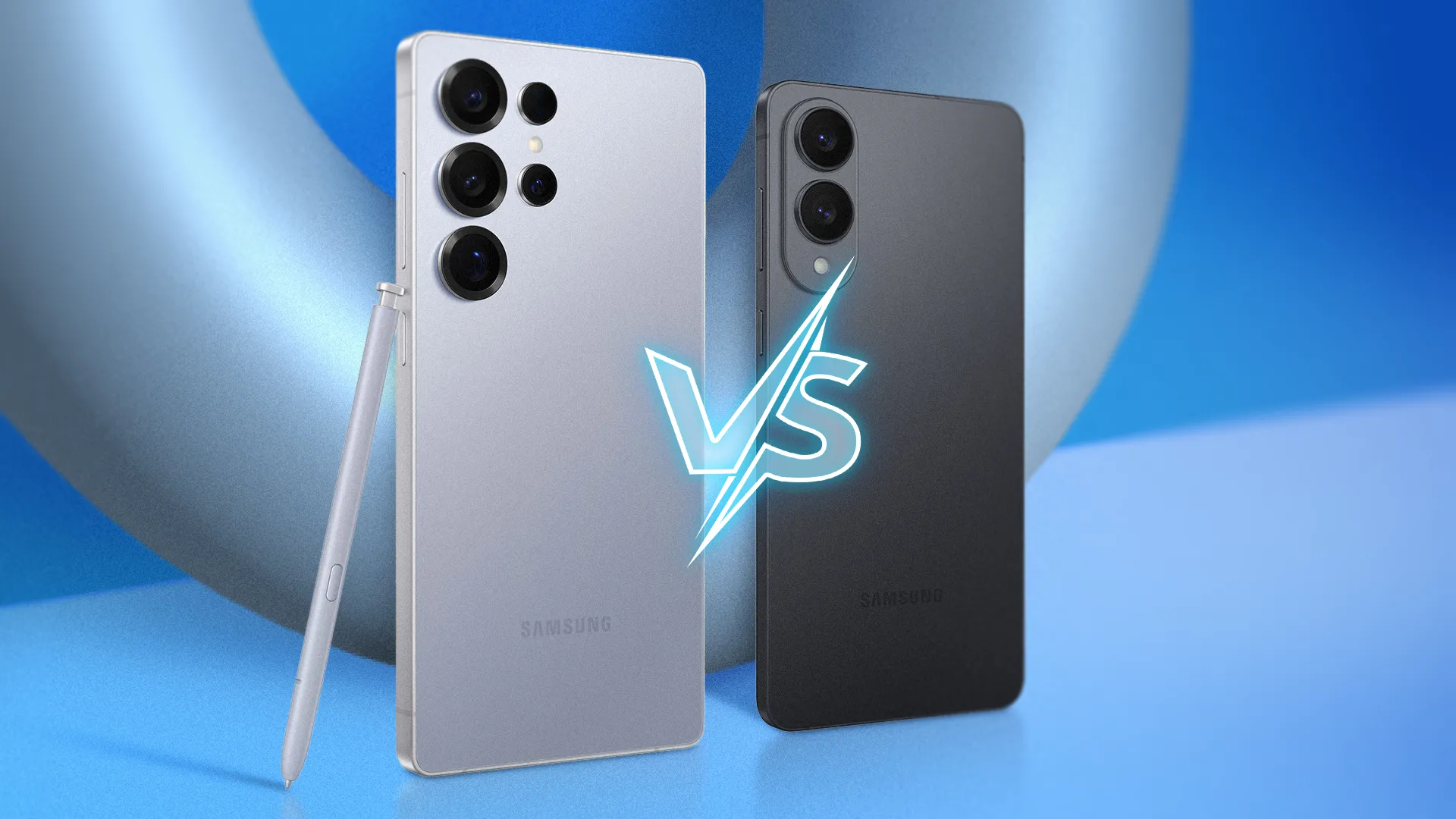 Hình ảnh so sánh giữa Galaxy S25 Ultra và Galaxy S25 Edge, với ký hiệu 'VS' đặt giữa, làm nổi bật sự khác biệt về thiết kế và kích thước.