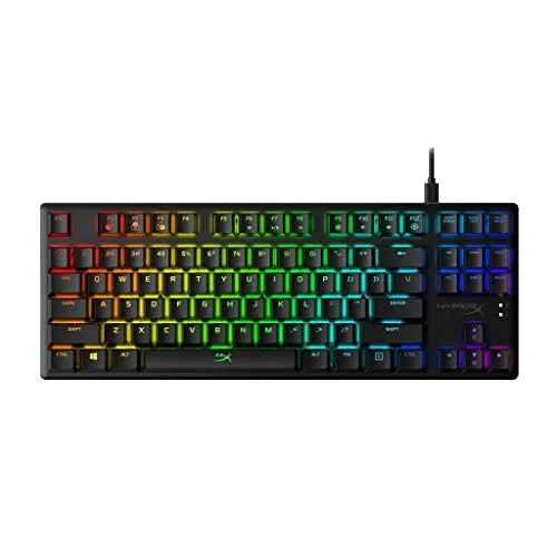Hình ảnh tổng thể bàn phím HyperX Alloy Origins, thể hiện thiết kế gọn gàng và đèn RGB nổi bật trên từng phím.