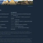 Hình ảnh trang cửa hàng Steam của Microsoft Flight Simulator 2024 hiển thị yêu cầu cấu hình khuyến nghị, làm rõ mức RAM cần thiết cho game hiện đại.