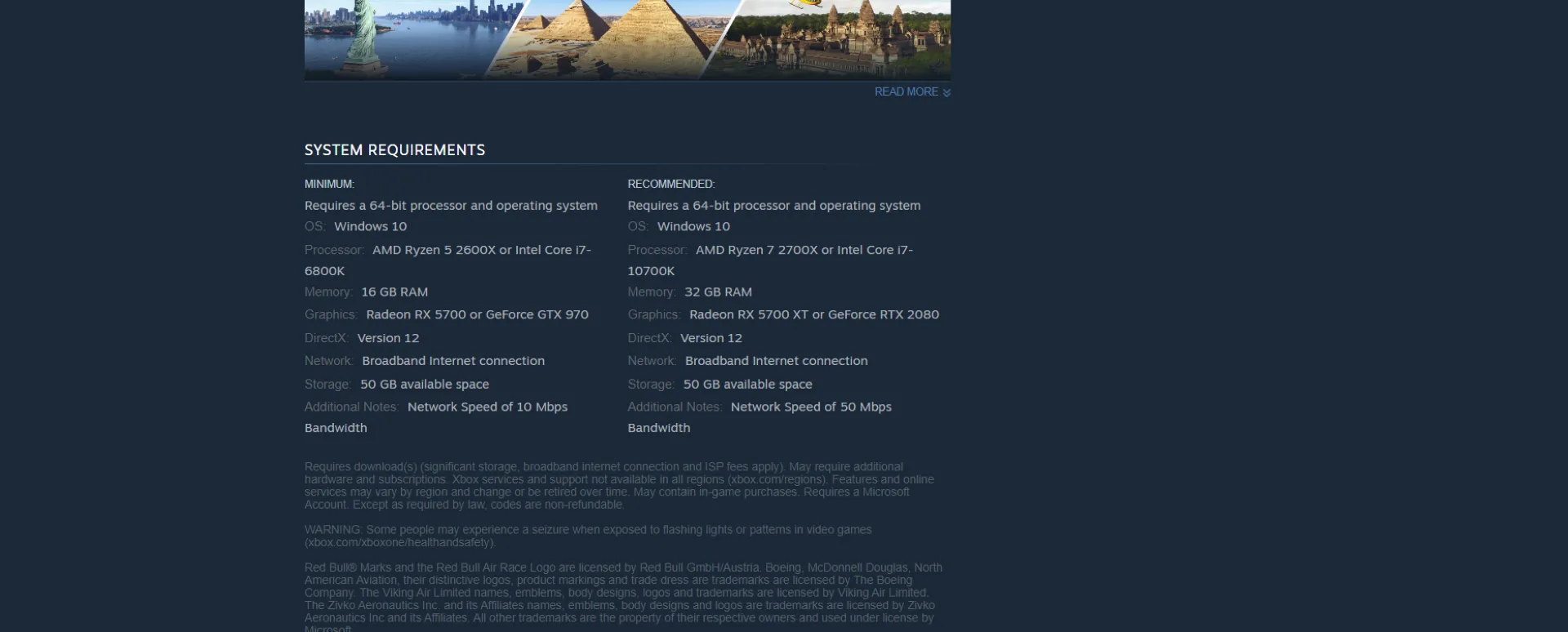 Hình ảnh trang cửa hàng Steam của Microsoft Flight Simulator 2024 hiển thị yêu cầu cấu hình khuyến nghị, làm rõ mức RAM cần thiết cho game hiện đại.