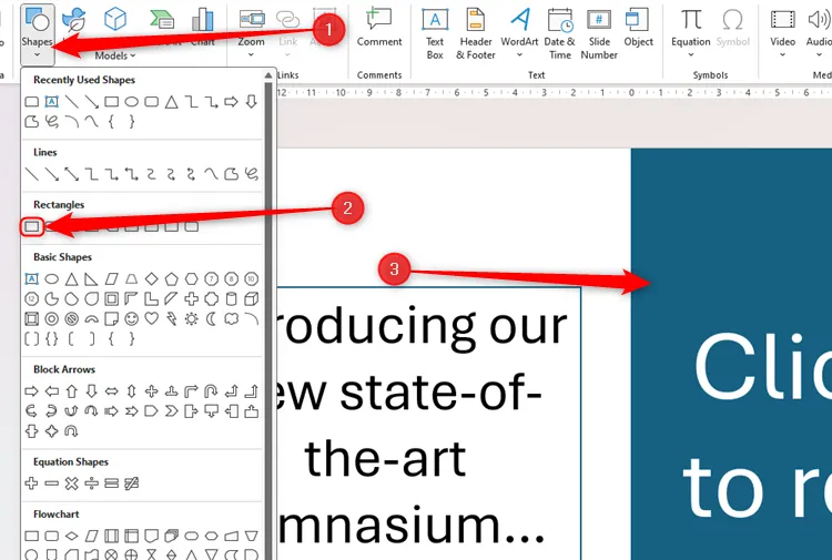 Hình chữ nhật được thêm vào slide PowerPoint qua menu Hình dạng (Shapes) và đã được định vị, thêm văn bản hướng dẫn.