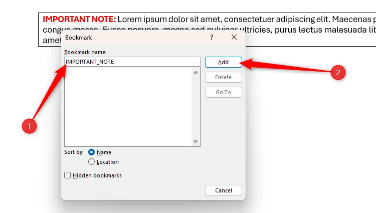 Hộp thoại Bookmark của Microsoft Word với tên đánh dấu 'important note' và nút Add được chọn.
