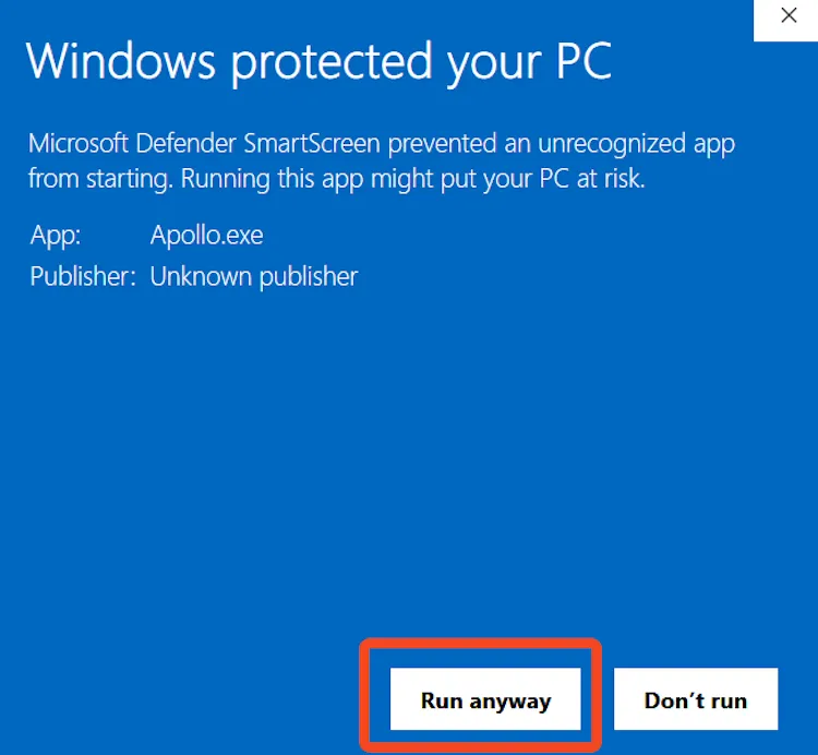 Hộp thoại cảnh báo Windows Defender với nút &quot;Run Anyway&quot; được nhấn để tiếp tục quá trình cài đặt phần mềm Sunshine.