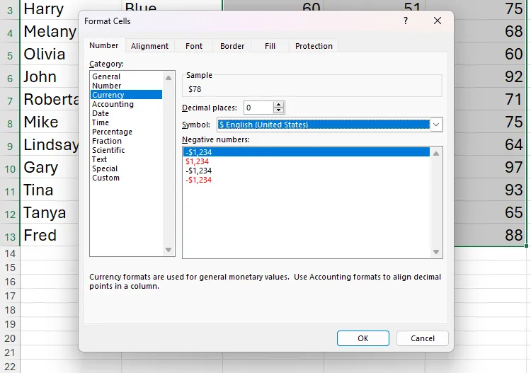 Hộp thoại &quot;Định dạng ô&quot; trong Excel với tab &quot;Số&quot; và tùy chọn &quot;Tiền tệ&quot; được chọn, cùng với các cài đặt về số thập phân và ký hiệu tiền tệ được điều chỉnh.