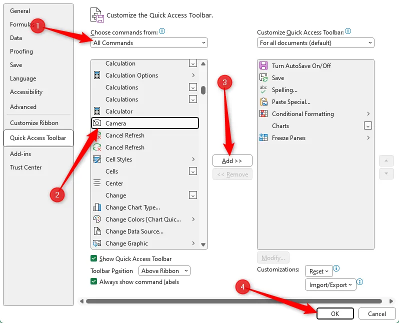 Hộp thoại Excel Options hiển thị các bước để thêm công cụ Camera vào thanh công cụ truy cập nhanh (QAT).