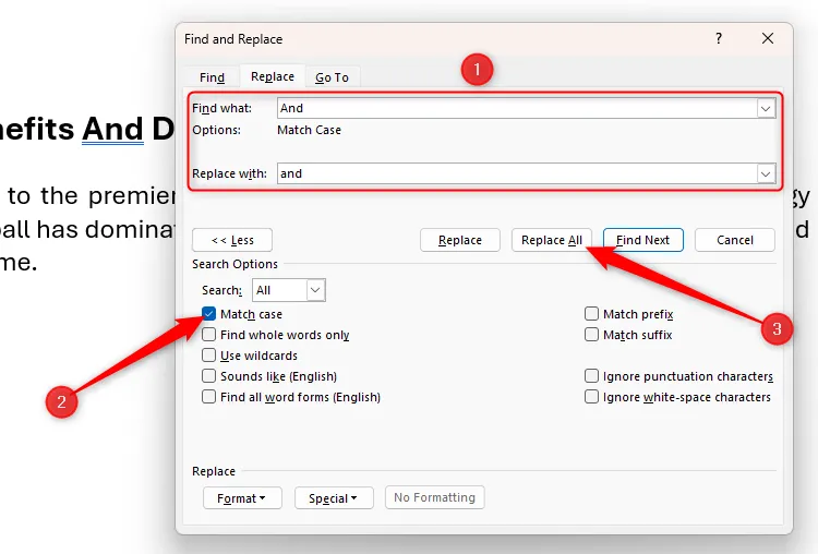 Hộp thoại Find and Replace trong Microsoft Word đang thực hiện tìm kiếm và thay thế chữ &quot;And&quot; thành &quot;and&quot; để chuẩn hóa kiểu chữ.