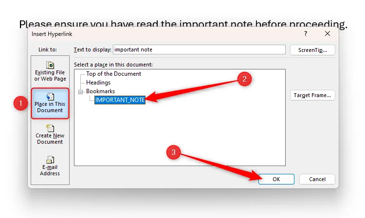 Hộp thoại Insert Hyperlink trong Microsoft Word với một đánh dấu trang nội bộ được chọn.