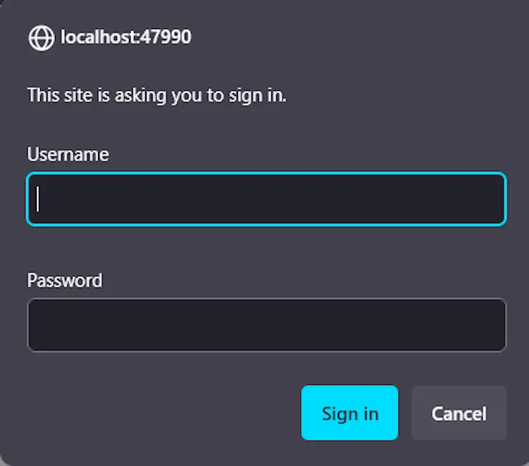 Hộp thoại nhắc nhở đăng nhập Sunshine Web UI, yêu cầu nhập lại thông tin xác thực để hoàn tất quá trình truy cập.