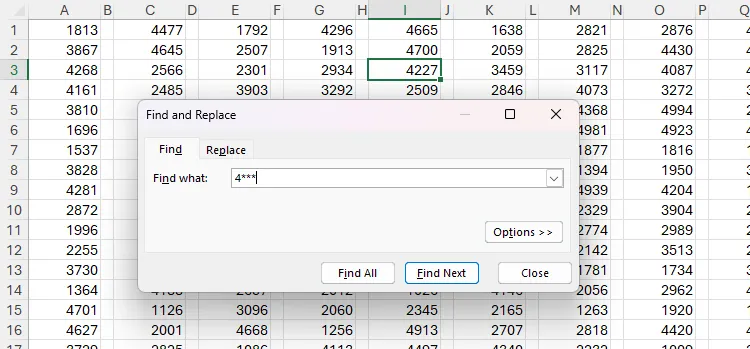 Hộp thoại &quot;Tìm và Thay thế&quot; trong Excel hiển thị trường &quot;Tìm gì&quot; với giá trị &quot;4***&quot; được nhập, minh họa cách tìm kiếm bằng ký tự đại diện.