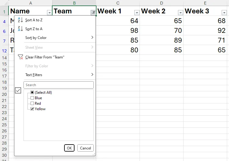 Hộp thoại tùy chọn lọc cho cột B trong Excel được mở, cho phép người dùng tùy chỉnh các tiêu chí lọc dữ liệu.