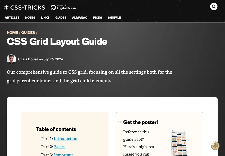 Hướng dẫn CSS Grid Layout Guide của CSS-Tricks, tập trung vào các thuộc tính cho container cha và phần tử con, tài liệu học CSS Grid toàn diện.