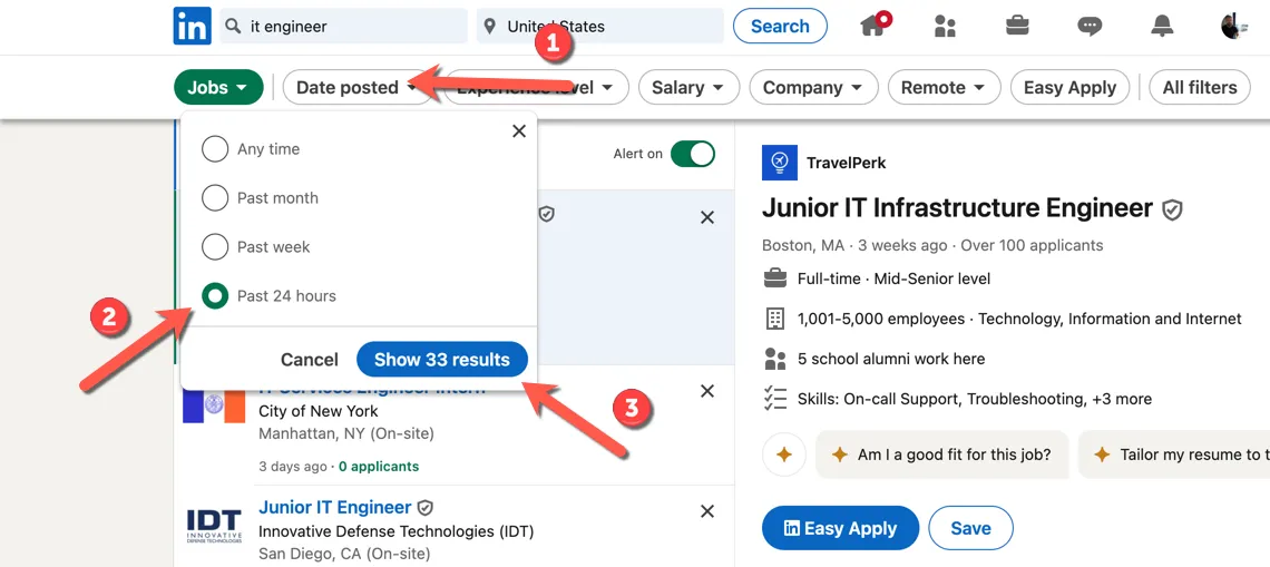 Hướng dẫn sử dụng bộ lọc &quot;Ngày đăng&quot; trên LinkedIn để thu hẹp kết quả tìm kiếm việc làm.