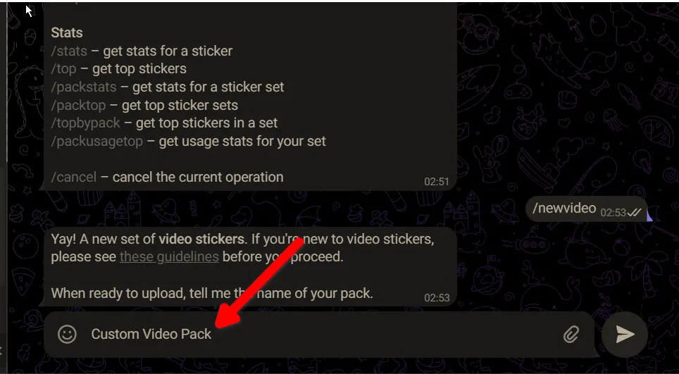 Hướng dẫn tạo gói sticker video mới trên Telegram thông qua bot @stickers, hiển thị tin nhắn '/newvideo'.