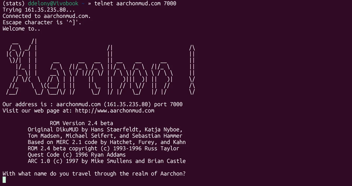 Kết nối Telnet đến trò chơi MUD Aarchon hiển thị văn bản trong cửa sổ Terminal