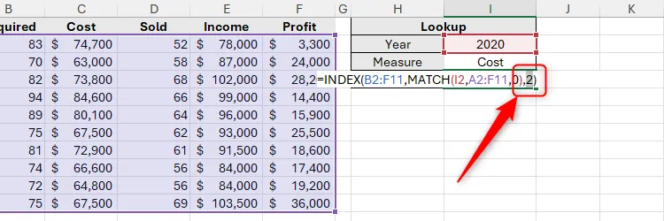 Kết quả kiểm tra MATCH trong công thức Excel bằng F9 trả về 2