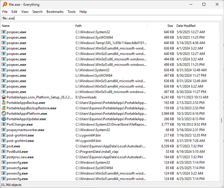 Kết quả tìm kiếm file .exe trong Everything Search, minh họa bộ lọc tìm kiếm file theo định dạng
