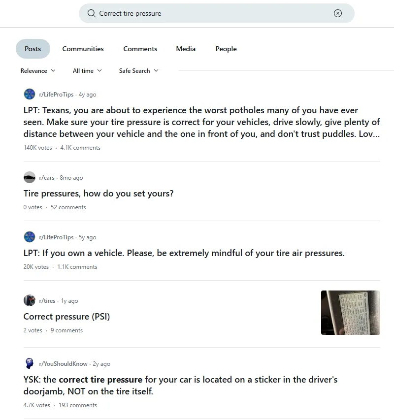 Kết quả tìm kiếm Reddit về "áp suất lốp" chung chung