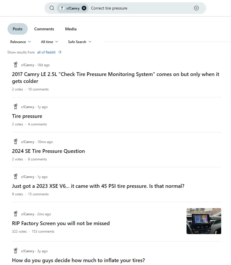 Kết quả tìm kiếm Reddit về &quot;áp suất lốp Toyota&quot; trong subreddit chuyên biệt