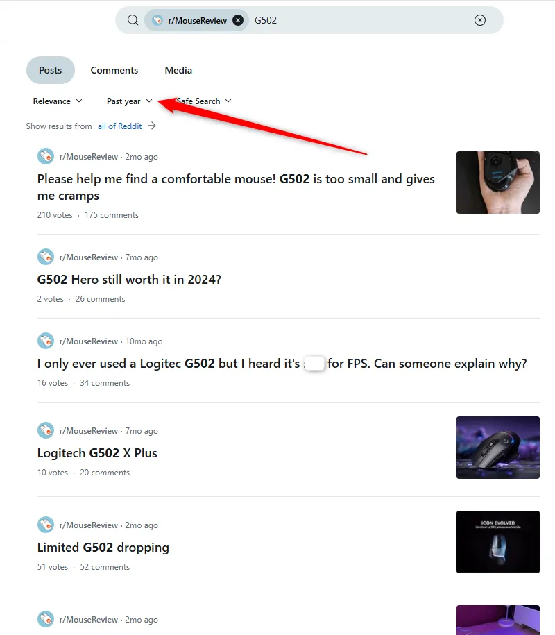 Kết quả tìm kiếm Reddit về chuột máy tính chơi game