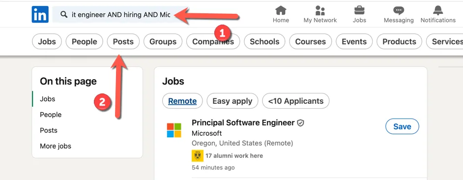 Kết quả tìm kiếm trên LinkedIn, chọn lọc theo &quot;Bài viết&quot; để tìm tin tuyển dụng.
