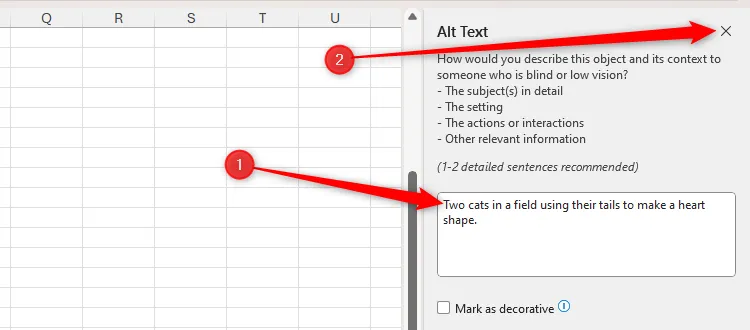 Khung Alt Text trong Excel hiển thị văn bản thay thế đã được tối ưu: &quot;Hai chú mèo trên cánh đồng dùng đuôi tạo hình trái tim.&quot;