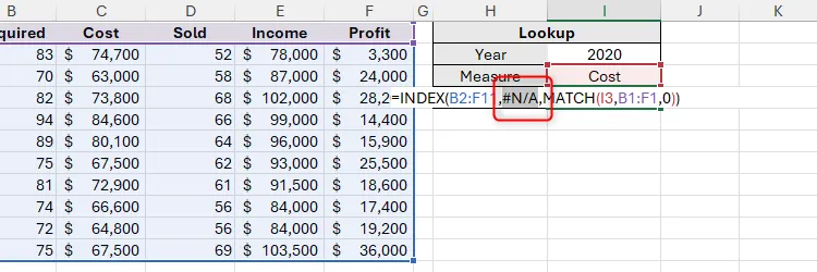Kiểm tra đối số MATCH áp chót trong công thức Excel bằng F9 và phát hiện lỗi N/A