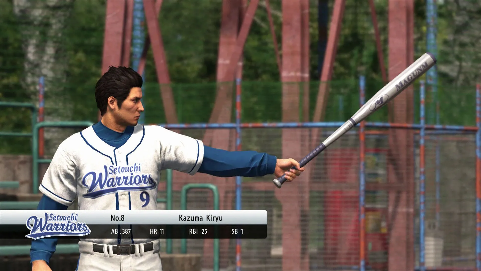 Kiryu với gậy bóng chày trong minigame bóng chày của Yakuza 6: The Song of Life.