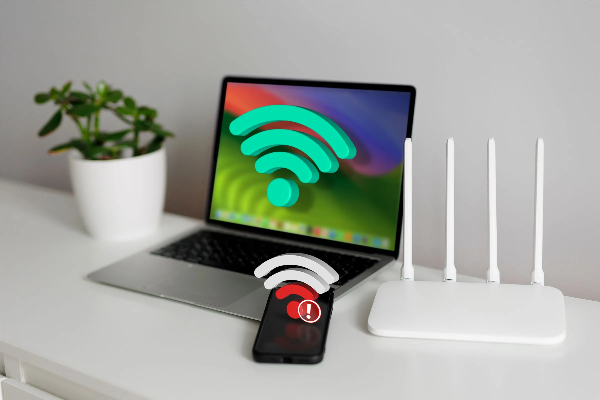 Laptop, điện thoại và router minh họa quản lý tín hiệu không dây và phát xạ thông minh