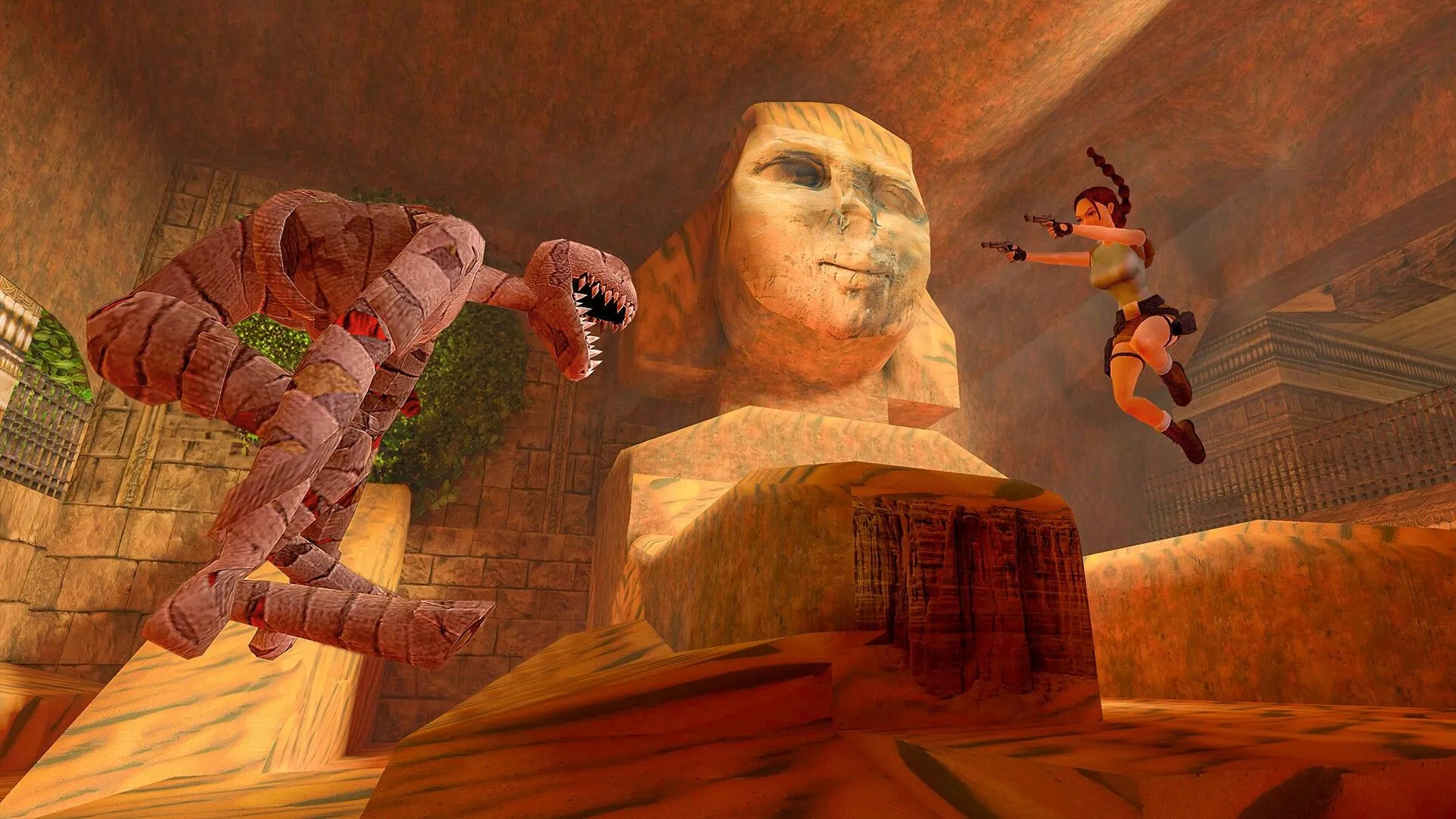 Lara Croft nhắm vũ khí vào một sinh vật xác ướp trong Tomb Raider I-III Remastered Starring Lara Croft.