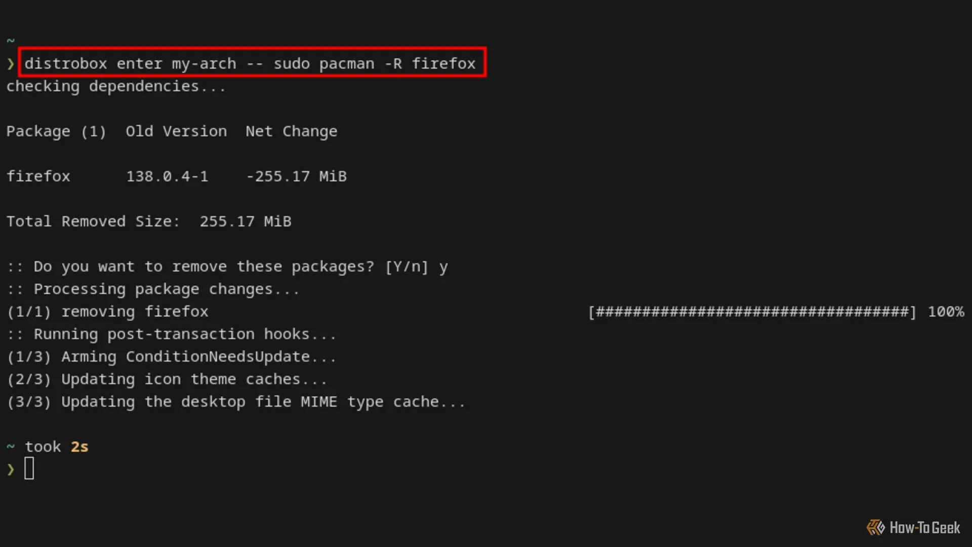 Lệnh gỡ cài đặt Firefox khỏi container Distrobox Arch Linux
