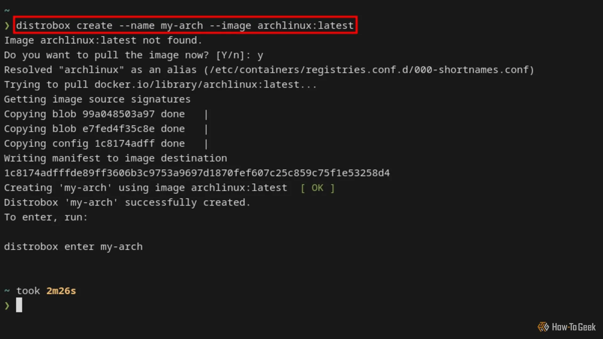 Lệnh tạo container Arch Linux bằng Distrobox trên terminal