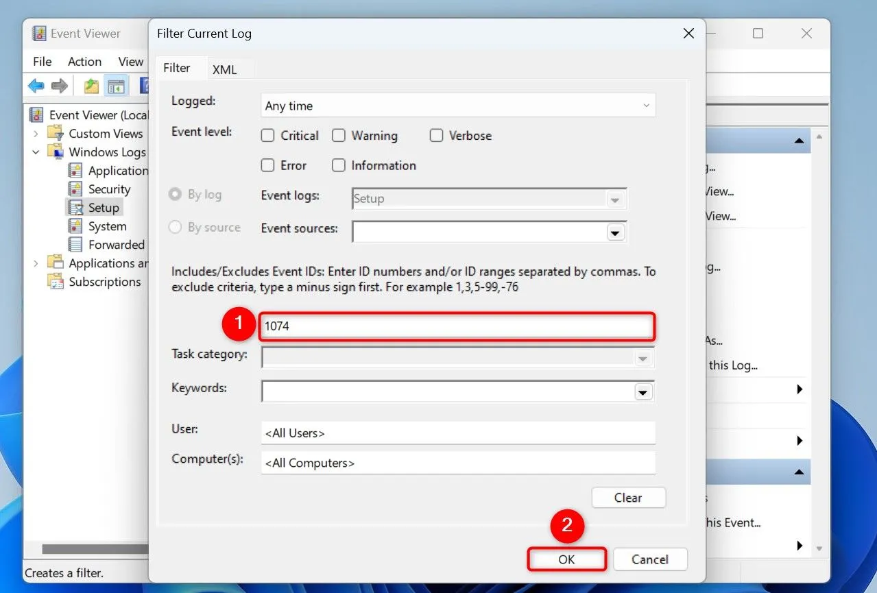 Lọc các sự kiện trong Event Viewer theo Event ID 1074 để hiển thị lịch sử khởi động lại hệ thống