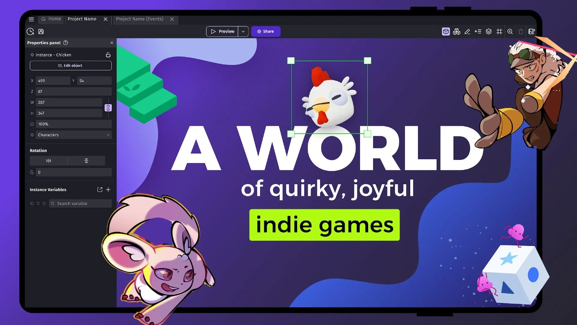 Logo GDevelop nổi bật trên màn hình, tượng trưng cho công cụ phát triển game 2D và 3D miễn phí.