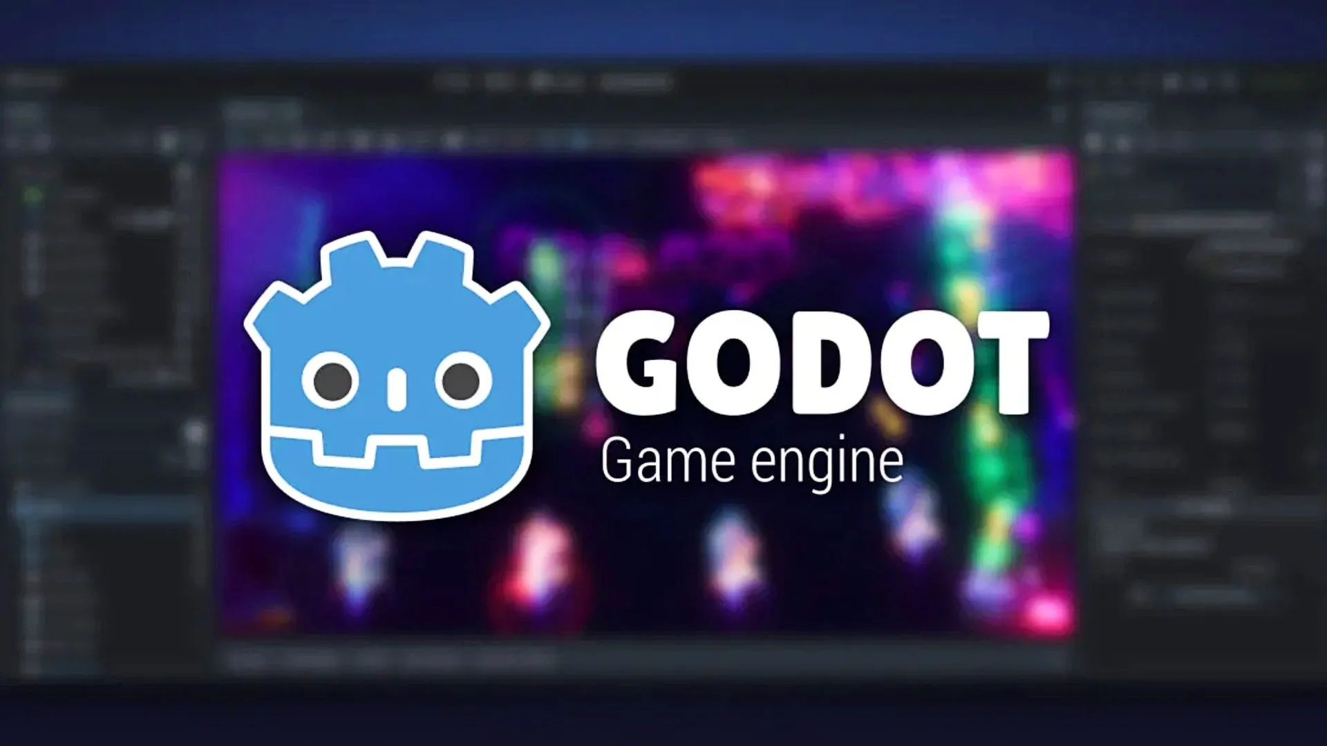 Logo Godot Engine nổi bật phía trước màn hình dự án mờ, biểu tượng cho engine game mã nguồn mở mạnh mẽ.