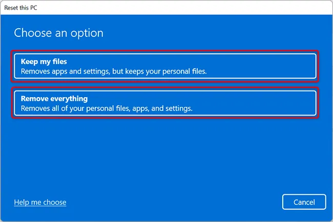 Lựa chọn xóa hoặc giữ tệp trong quá trình khôi phục cài đặt gốc trên hệ điều hành Windows