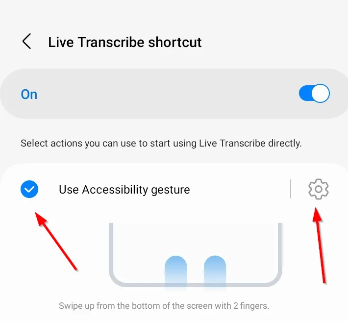 Màn hình cài đặt Live Transcribe hiển thị tùy chọn &quot;Sử dụng cử chỉ trợ năng&quot; và biểu tượng bánh răng để tùy chỉnh